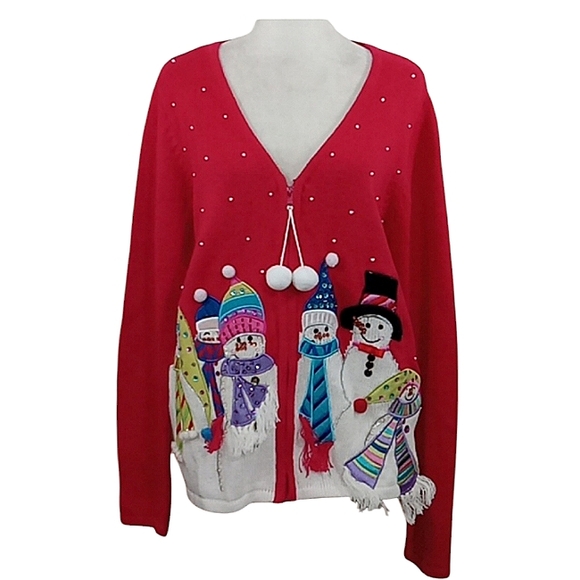 Tiara International Christmas Collection Sweater Beaded Fringe Sequins Zip Front - Picture 1 of 15